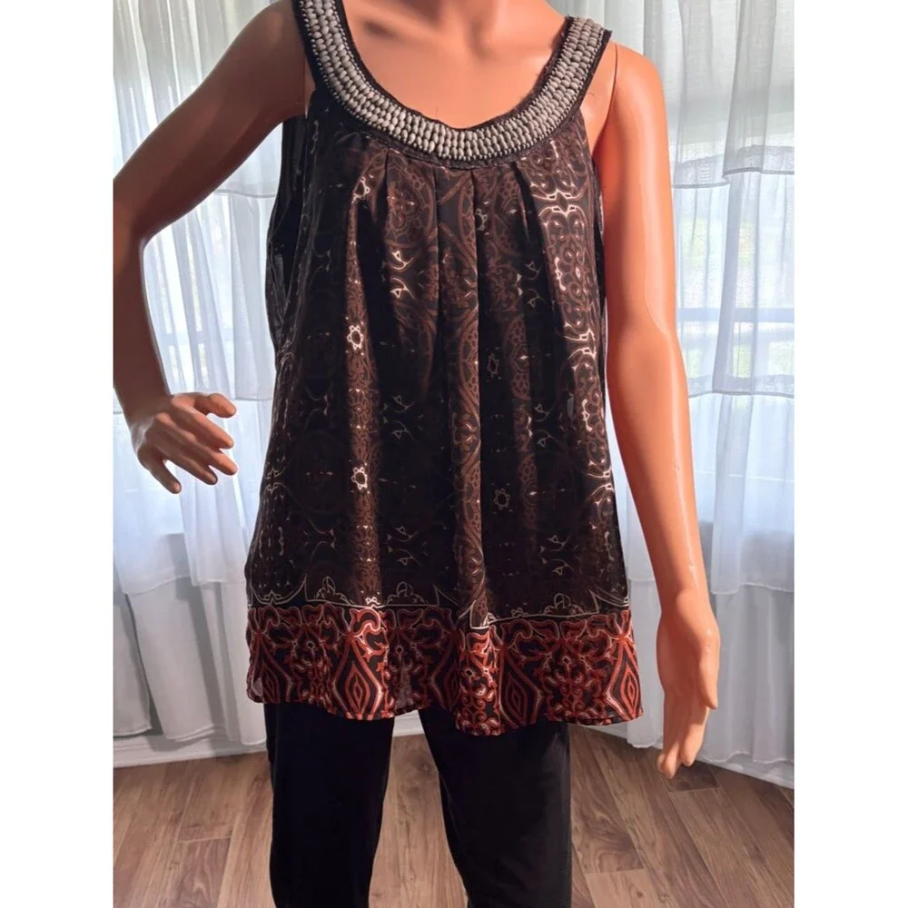 Zac & Rachel XL Sheer Beaded Blouse Brown Boho Print Sleeveless Lined Top - Picture 4 of 5